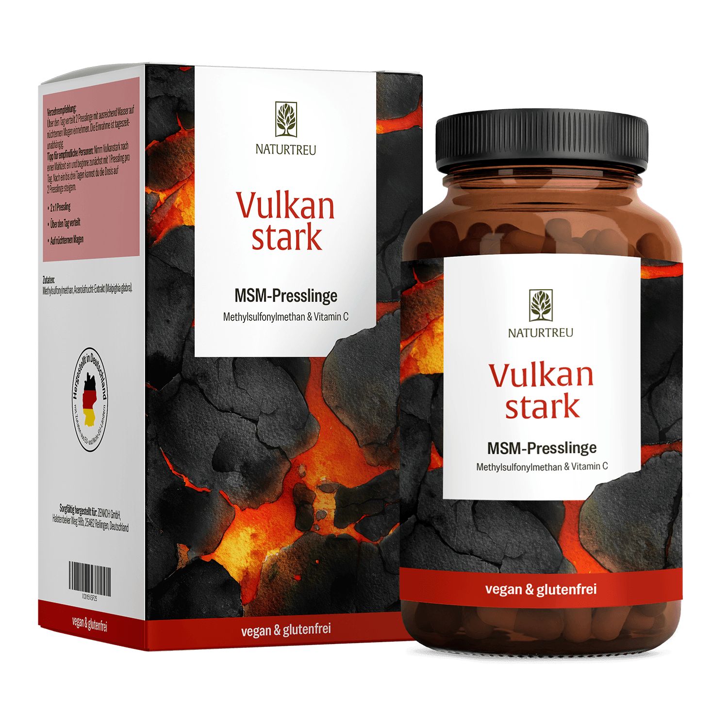 NATURTREU Vulkan stark MSM-Presslinge mit Vitamin C in Braunglasflasche und Faltschachtel.