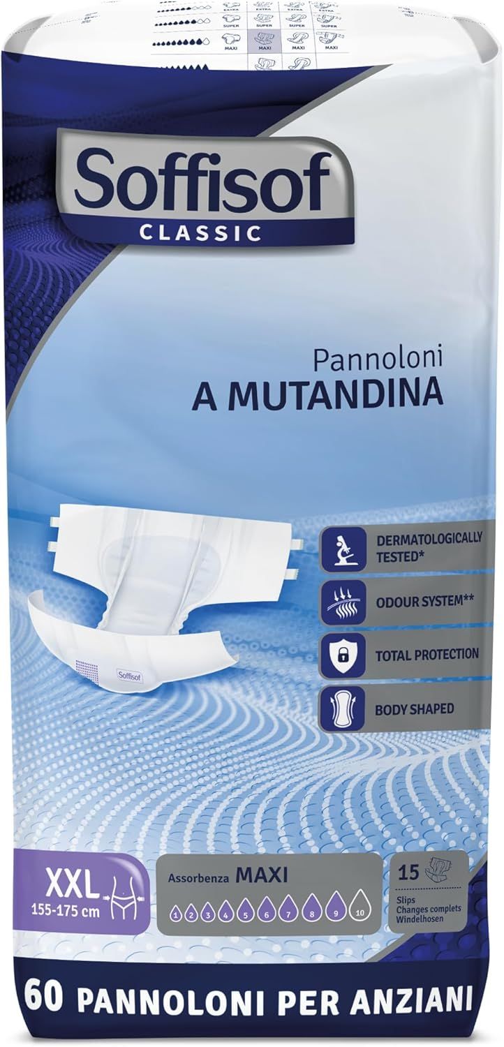 Soffisof Classic Windeln für Erwachsene Maxi, XXL, 60 Stück. Verpackung mit Produktabbildung und Produktinformationen.