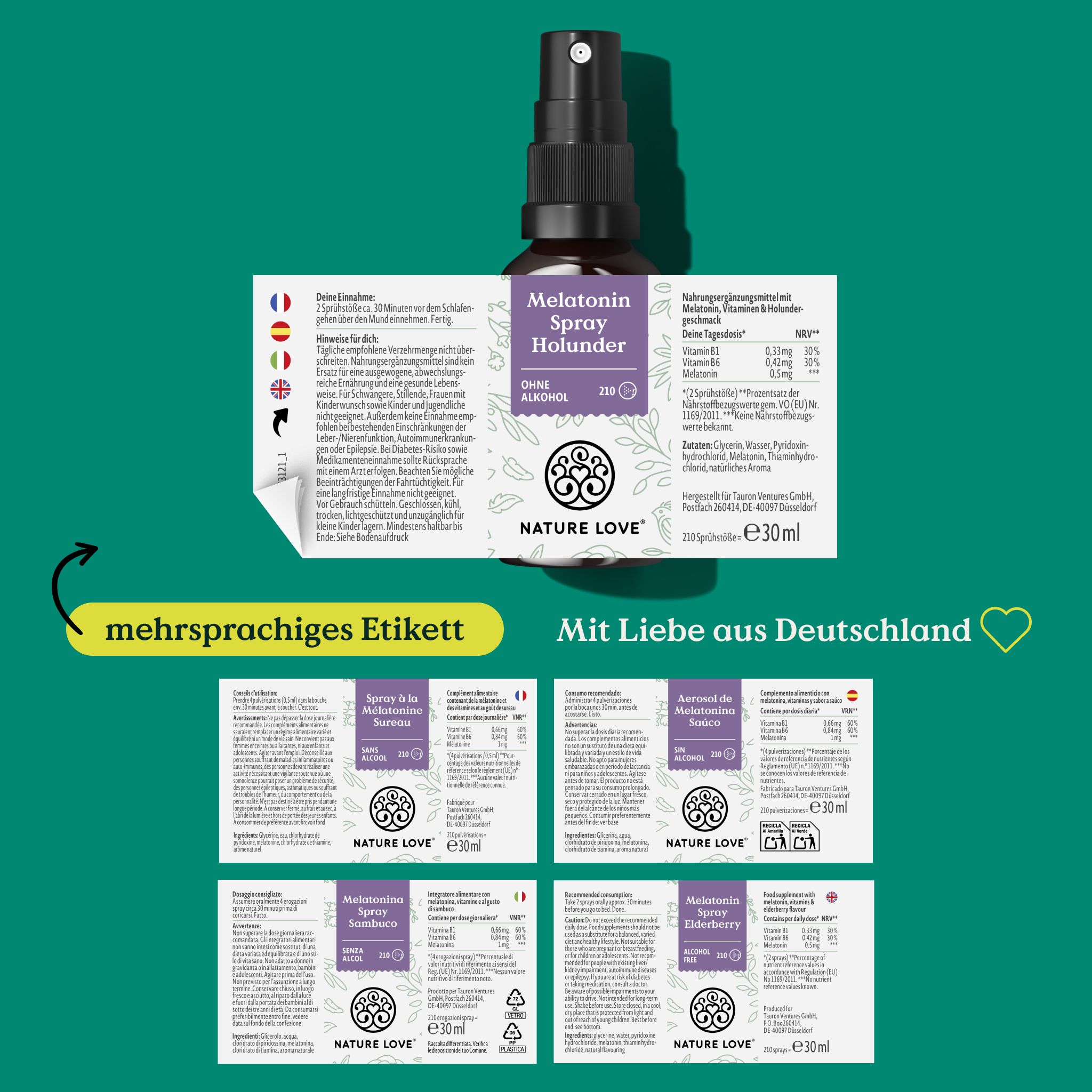 Produkt mit mehrsprachigem Etikett. Mehrere Etiketten mit Informationen. Marke: NATURE LOVE®.