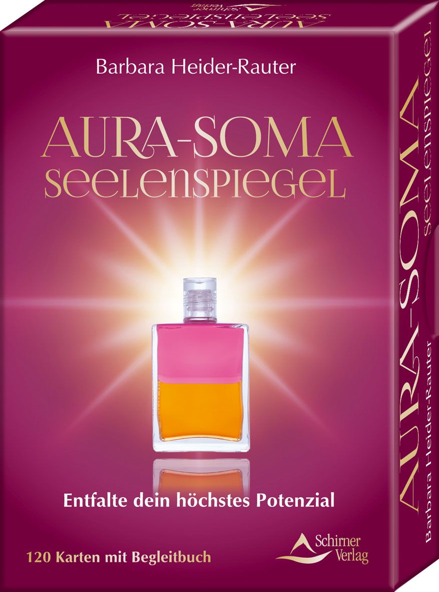 Buchcover mit Titel AURA-SOMA Seelenspiegel. Flakon mit rosa/gelber Flüssigkeit. Autorin: Barbara Heider-Rauter. Verlag: Schirner Verlag.