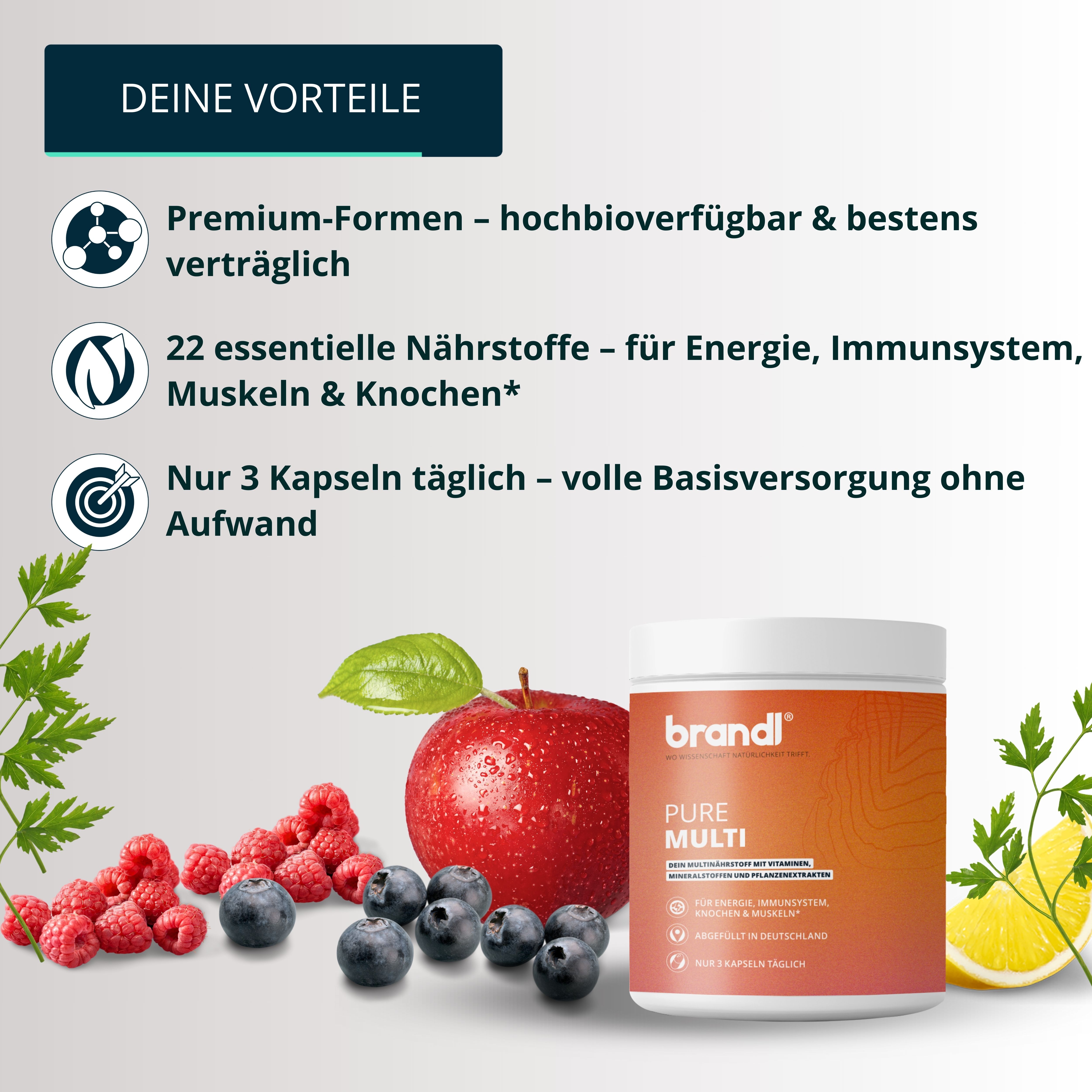 Produktglas neben Obst. Text: Premium-Formen, 22 Nährstoffe, 3 Kapseln täglich. Früchte: Himbeeren, Blaubeeren, Apfel, Zitrone.
