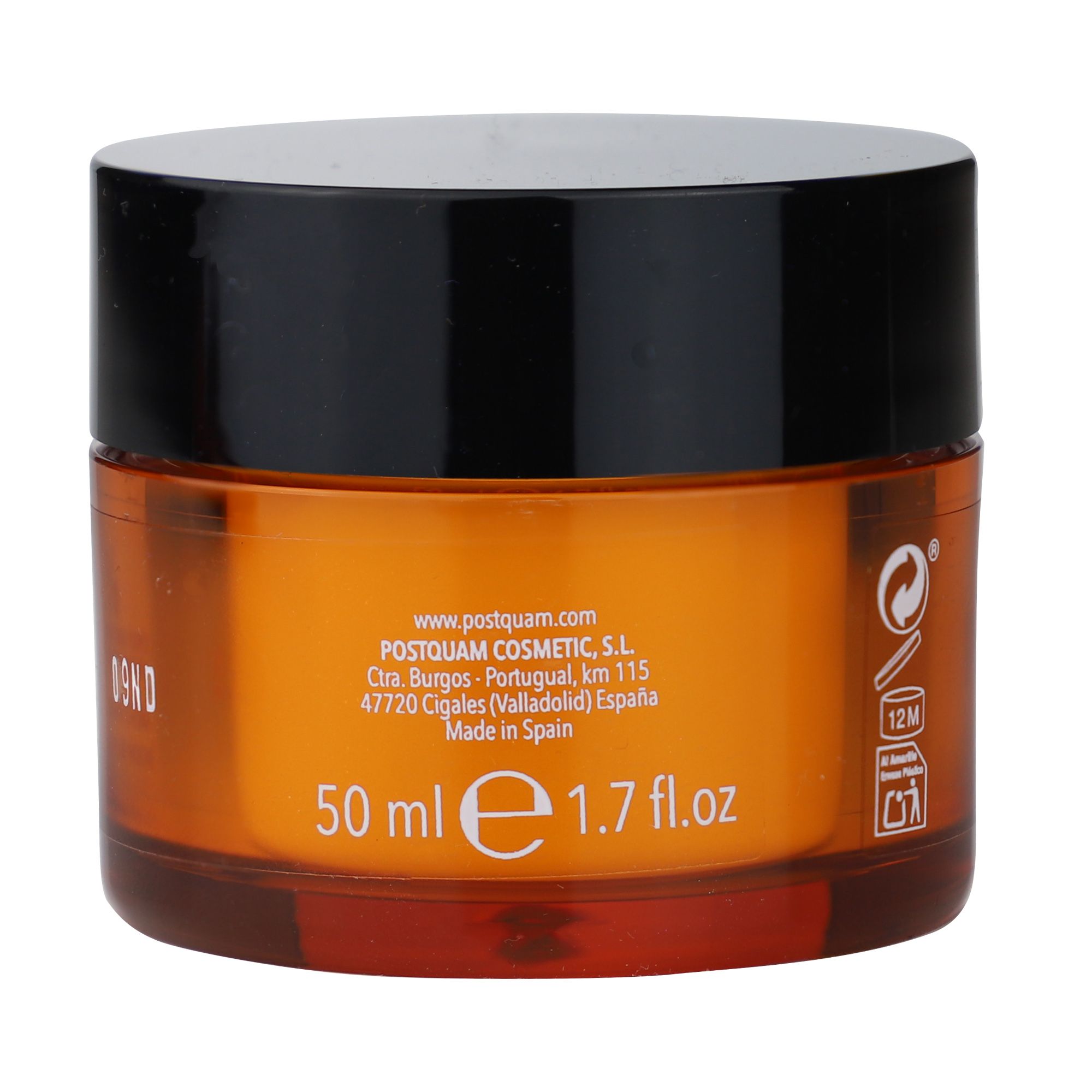 Creme-Tiegel, Rückseite. Aufschrift: PostQuam, 50 ml, 1.7 fl.oz. Text in Spanisch. Qualitätszeichen.