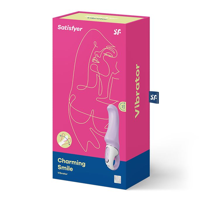 Verpackung mit Produktabbildung. Rosa Box mit Produktname und Logo. Produkt: Vibrator.