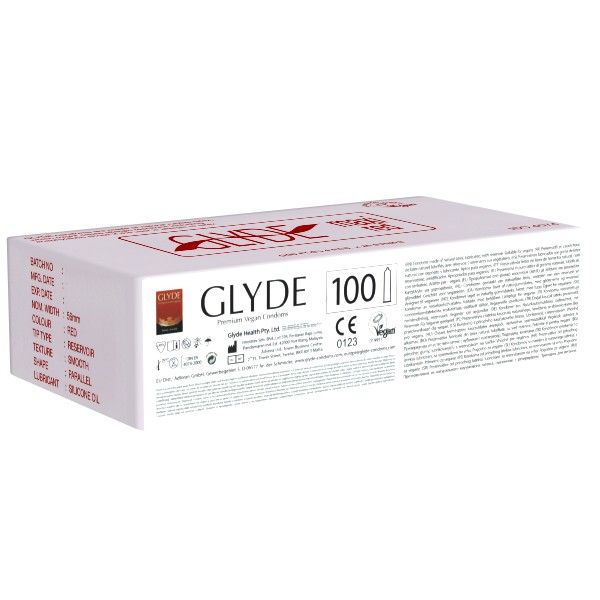 Weiße Verpackung mit roter Aufschrift GLYDE und Produktbezeichnung. Aufdruck: 100 Kondome, CE-Kennzeichnung, Vegan-Siegel.