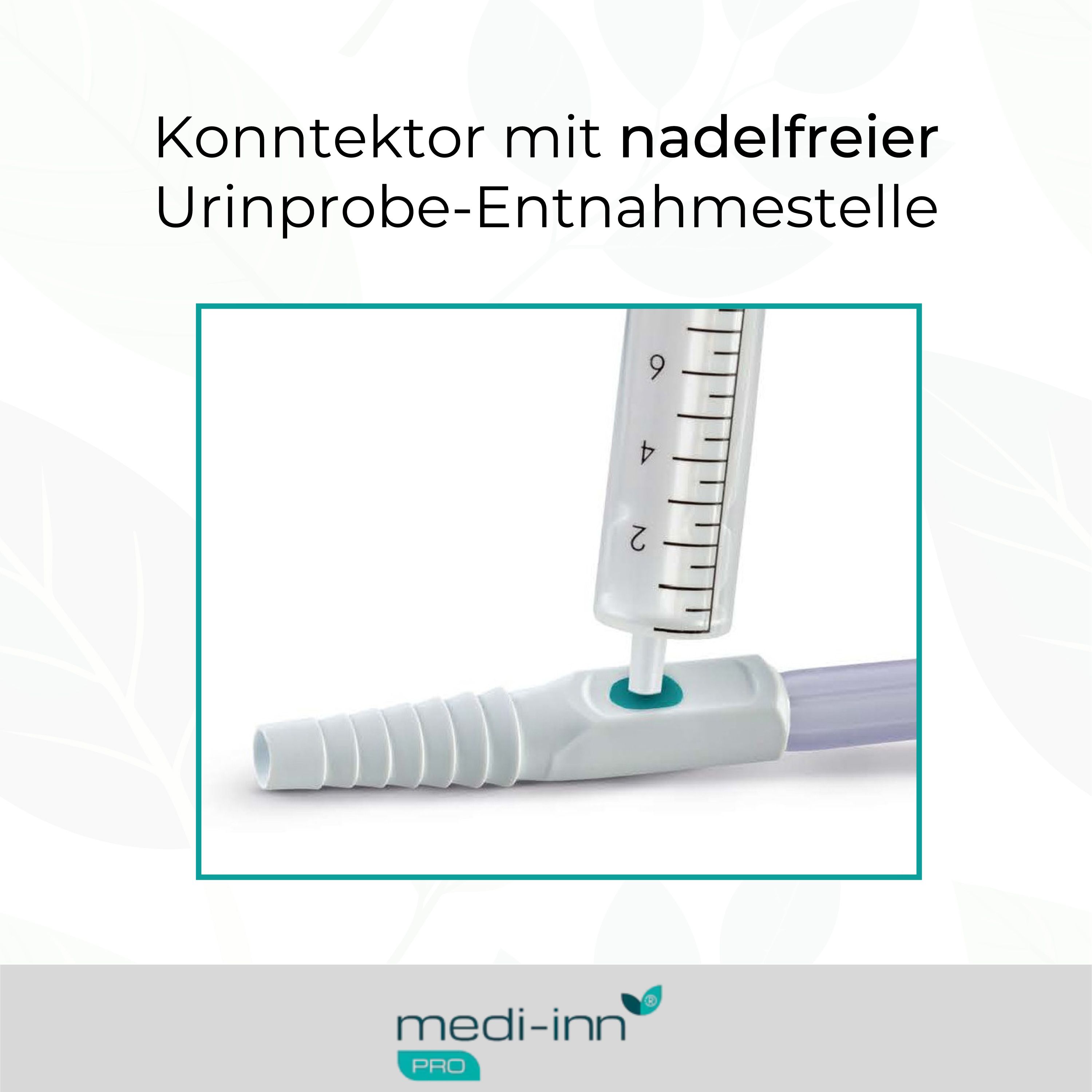 Konnector mit nadelfreier Urinprobe-Entnahmestelle. Ein transparenter Schlauchanschluss mit Spritze. medi-inn PRO Logo.