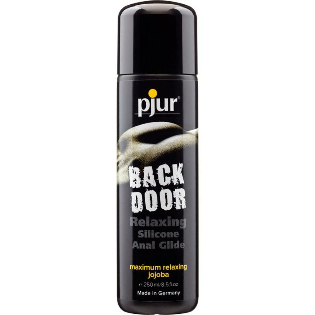 Schwarze Flasche mit schwarzem Deckel. Aufschrift: pjur, BACK DOOR, Relaxing Silicone Anal Glide. Mit Jojoba. Hergestellt in Deutschland.