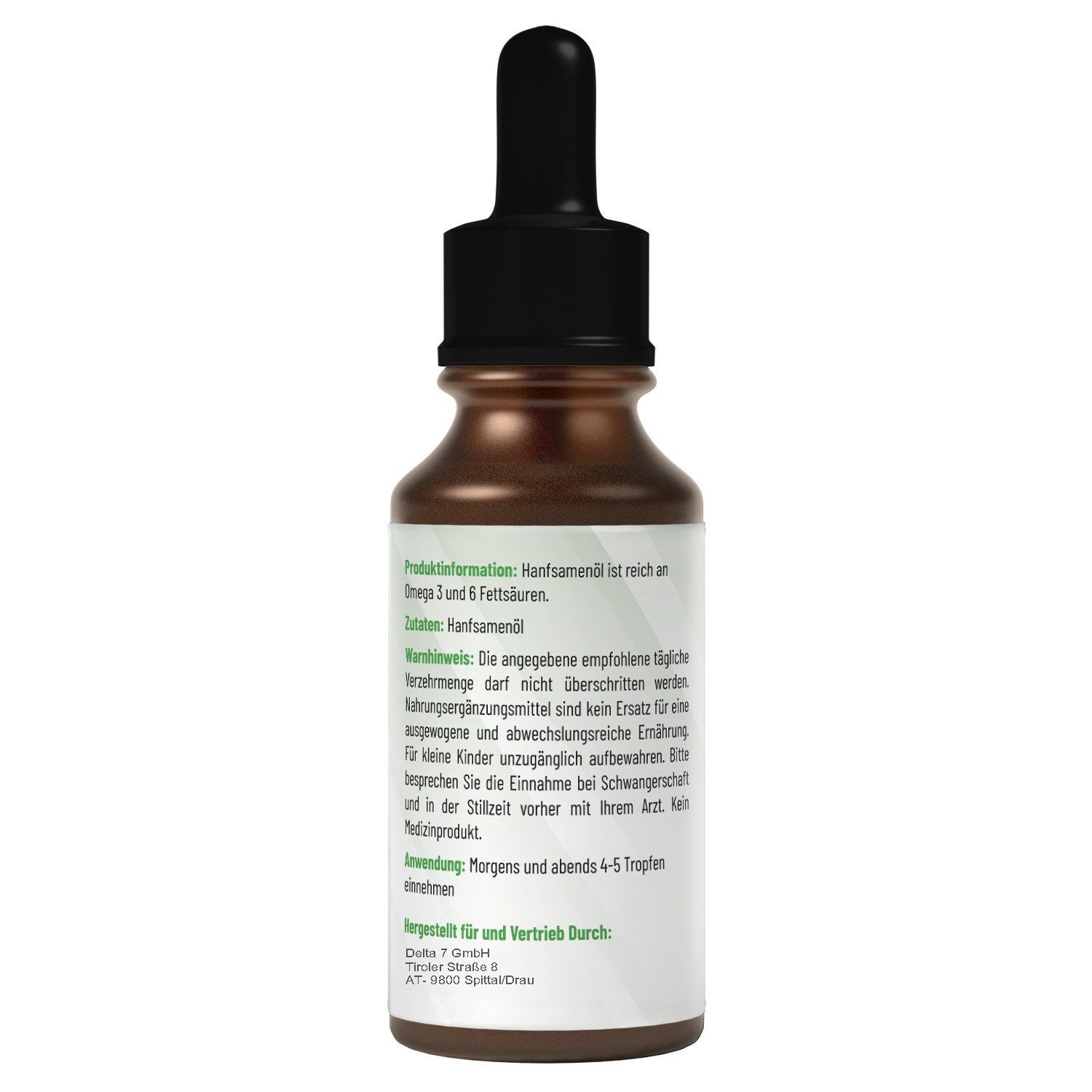 Braune Glasflasche mit Tropfer. Rückseite mit Text: Produktinformationen, Zutaten, Warnhinweise, Anwendung. Text in deutscher Sprache.
