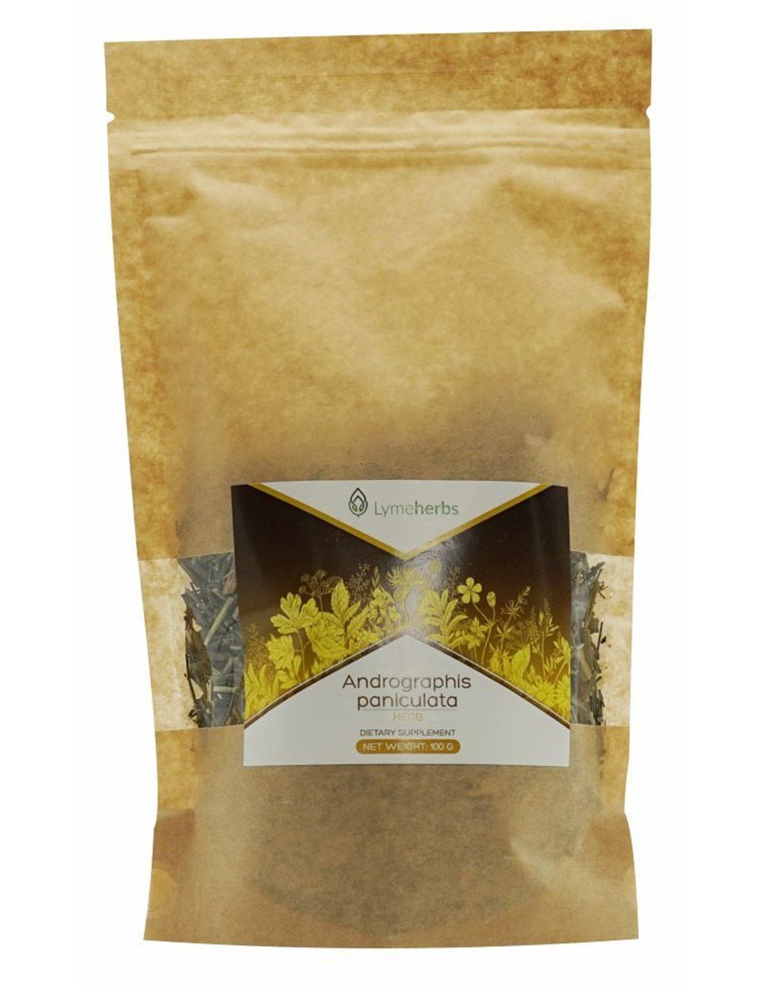 Brauner Beutel mit Aufkleber. Auf dem Aufkleber steht "Lymeherbs", "Andrographis paniculata" und "Dietary Supplement".
