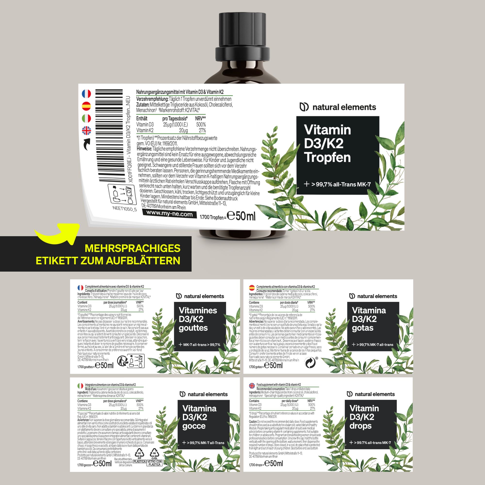 natural elements Vitamin D3 + K2 Tropfen – 99,7+% All-Trans K2VITAL® von Kappa + Vitamin D3