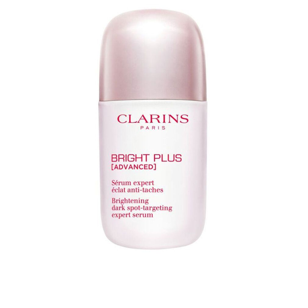 Weißes Serum mit rosa Kappe. Aufschrift: Clarins Bright Plus [ADVANCED]. Produkttext.