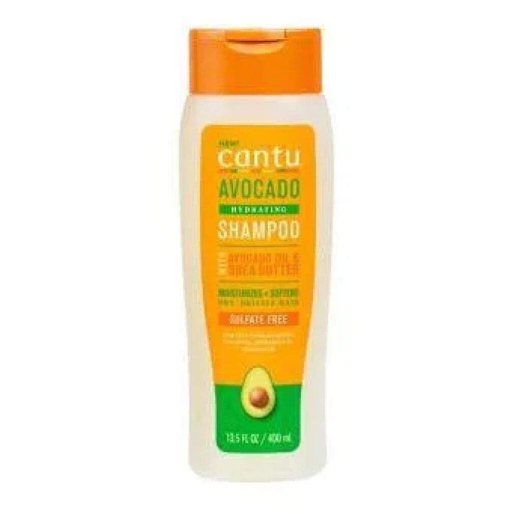 Cantu Avocado Hydrating Shampoo Flasche. Orangefarbener Deckel, weißer Behälter, grünes Etikett mit Produktinformationen und Avocado-Illustration.