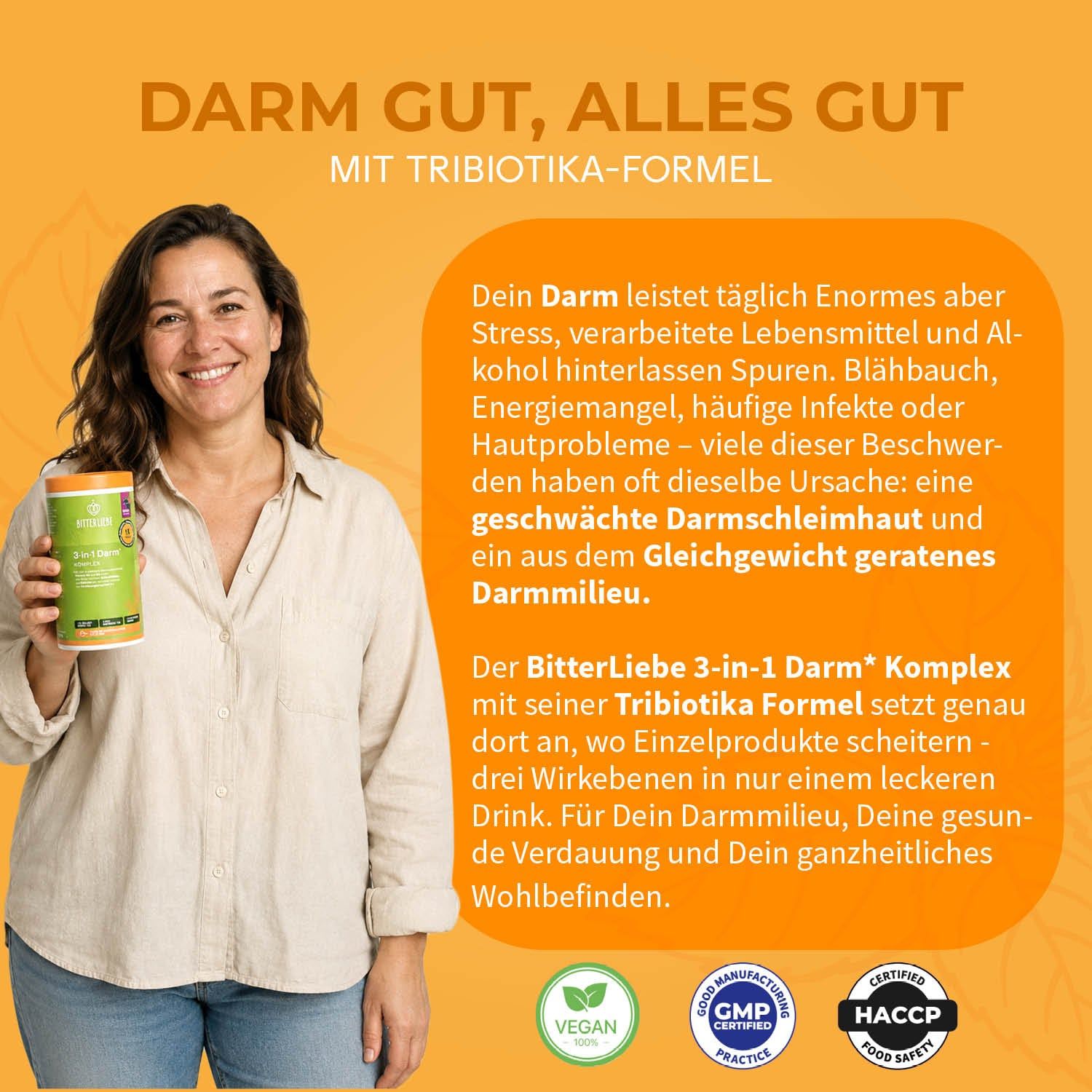 BitterLiebe - 3-in-1 Darm* Komplex - Darmkur Pulver mit 9g Ballaststoffen & Darmbakterien