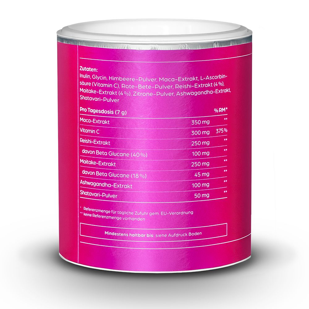 Zylindrische Dose mit Inhaltsstoffliste. Rosa Etikett mit weißen Texten. Zutaten und Nährwertangaben.