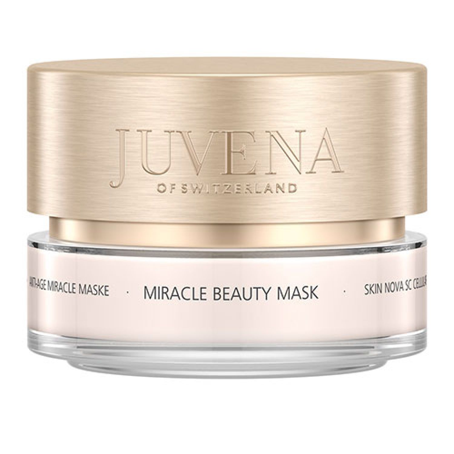 Behälter mit goldfarbenem Deckel. Aufschrift: Juvena of Switzerland. Produktname: Miracle Beauty Mask. Unterer Teil transparent.