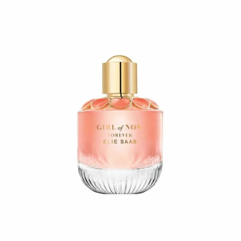 Parfümflakon mit rosa Flüssigkeit, goldfarbenem Verschluss und floralem Design. Schriftzug: GIRL OF NOW FOREVER ELIE SAAB.
