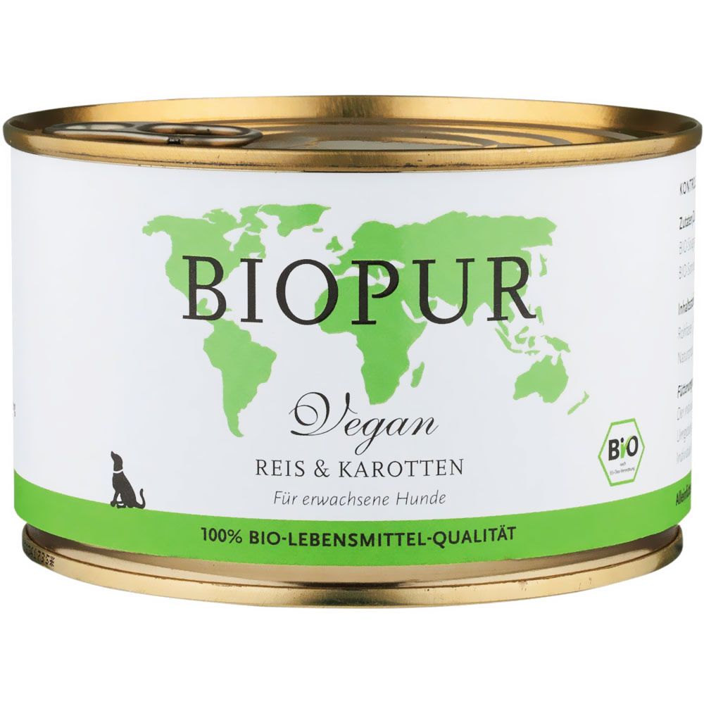 Konservendose mit Etikett. Aufschrift: BIOPUR Vegan Reis & Karotten. Für erwachsene Hunde. 100% Bio-Lebensmittel-Qualität. Mit Bio-Siegel.