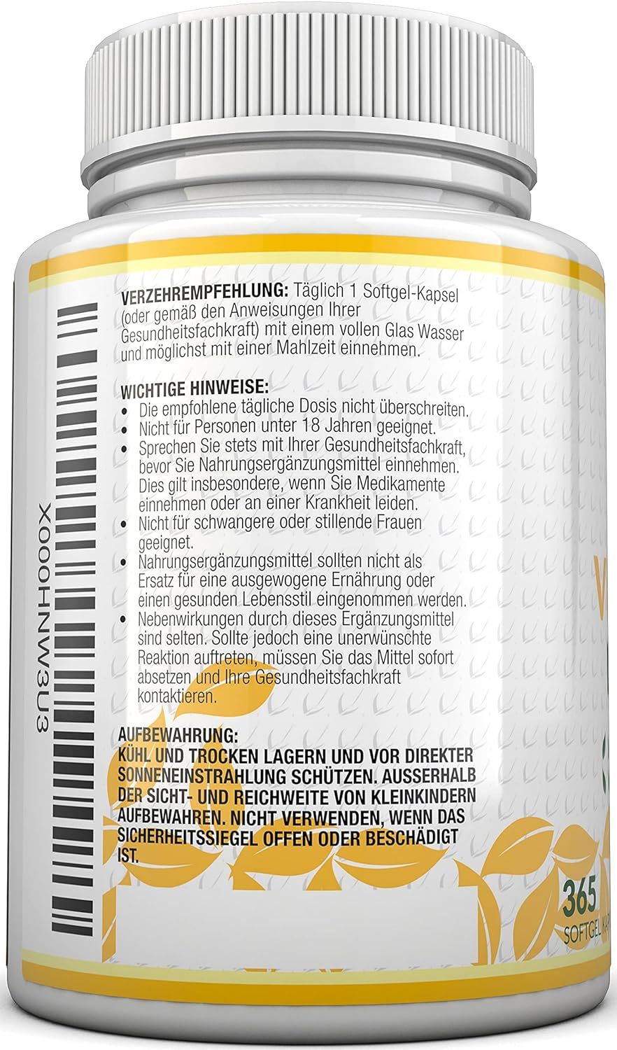 Rückseite einer Vitamin D3-Flasche. Text: Verzehrempfehlungen, wichtige Hinweise, Aufbewahrung.