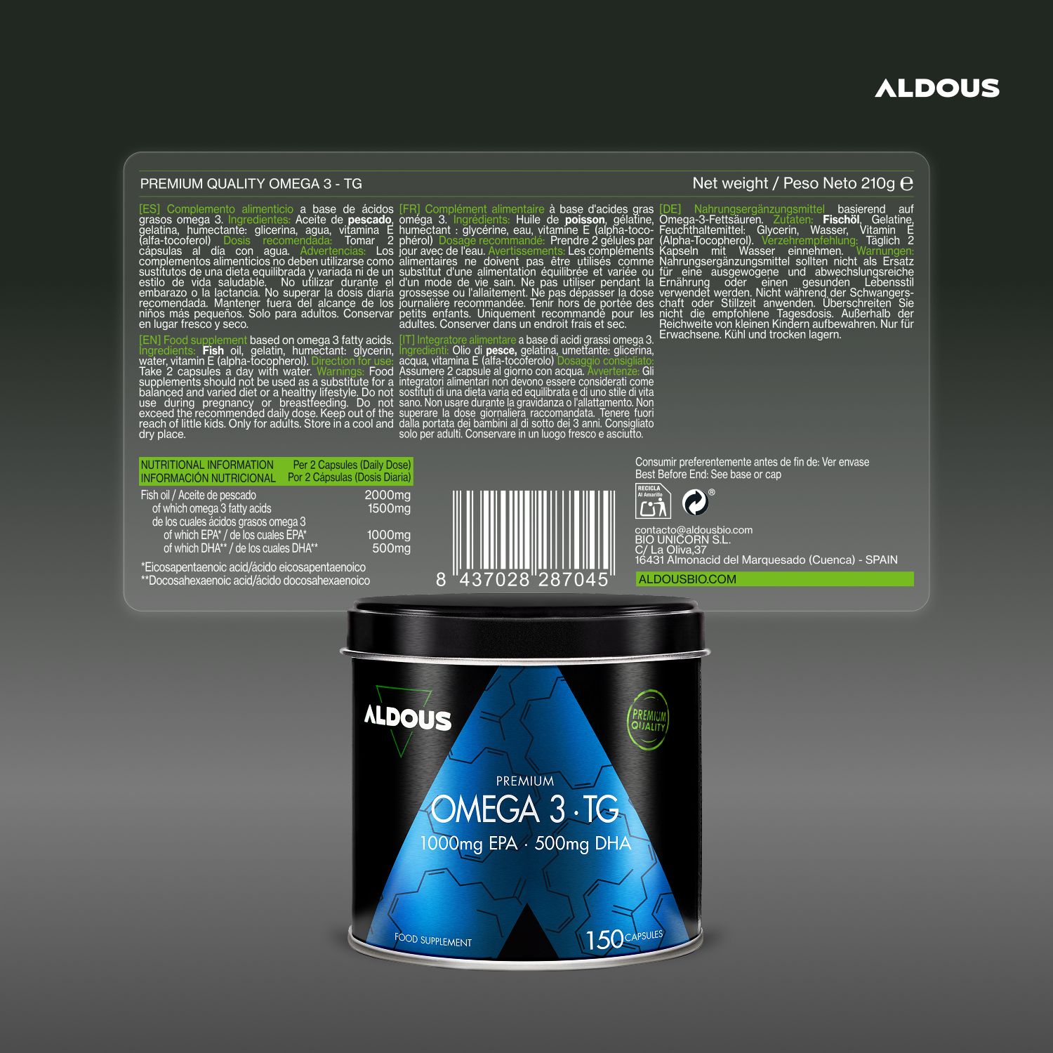 Aldous Omega 3 Premium Dose, Rückseite mit Nährwertangaben und Barcode.