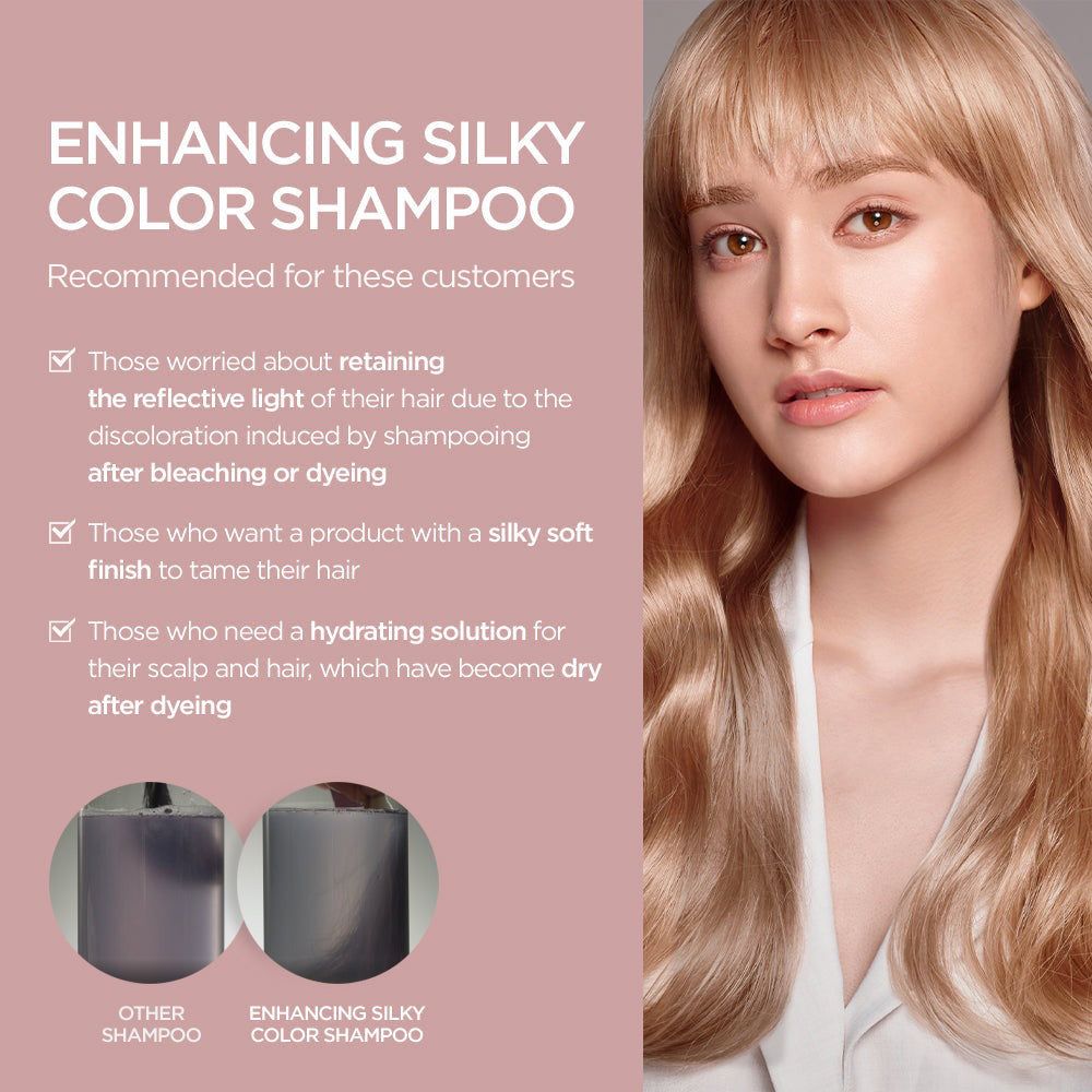 Blonde Frau mit langen Haaren. Text: Enhancing Silky Color Shampoo. Empfehlungen für Kunden und Shampoo-Vergleich.