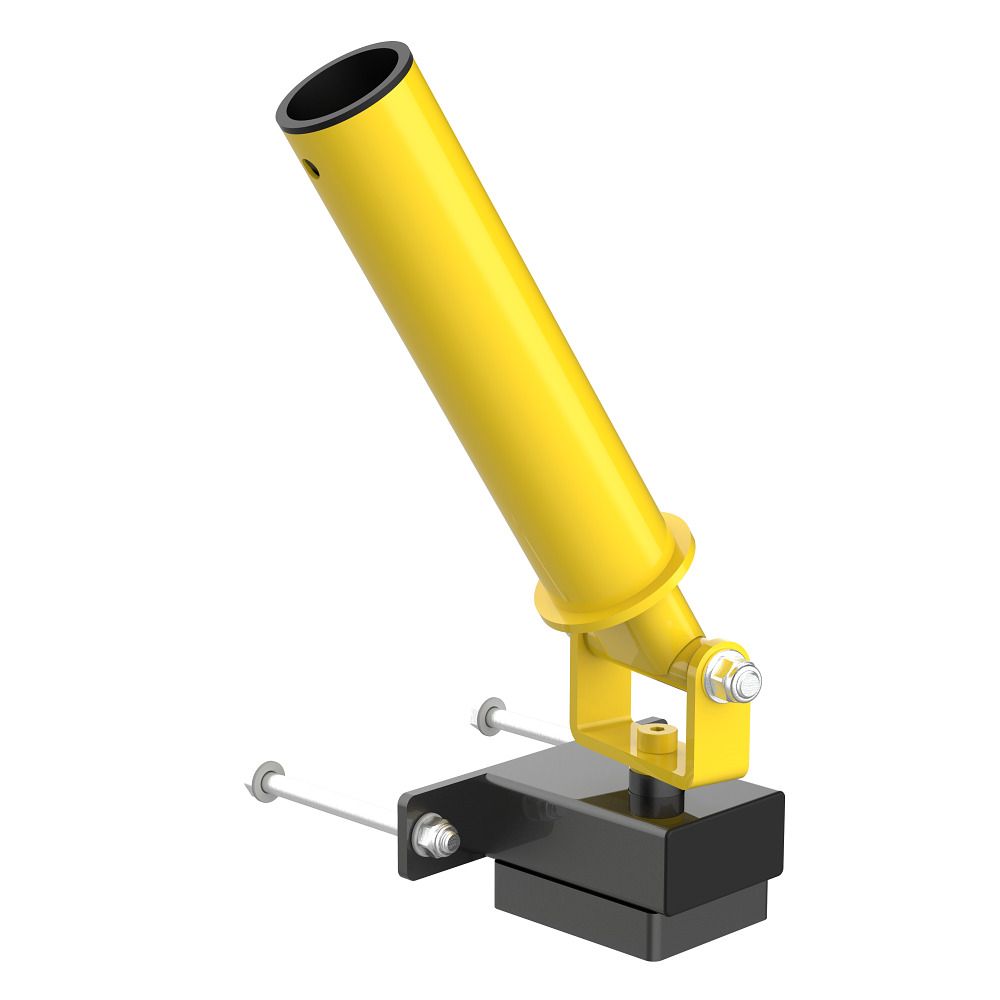 Gelbe Landmine Press Pro 800. Besteht aus einem gelben Rohr, das auf einem schwarzen Sockel montiert ist. Mit Befestigungselementen.