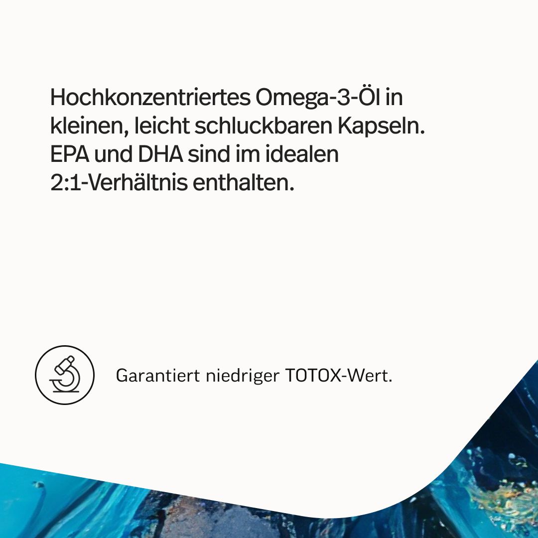 Hochkonzentriertes Omega-3-Öl in kleinen, schluckbaren Kapseln. EPA und DHA im Verhältnis 2:1. Garantiert niedriger TOTOX-Wert.