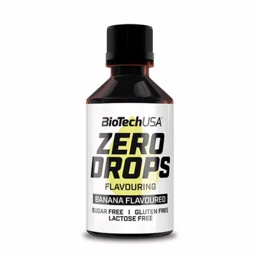 Braune Flasche mit schwarzem Deckel. Etikett mit "BioTechUSA Zero Drops" und "Banana Flavoured". Zucker-, gluten- und laktosefrei.