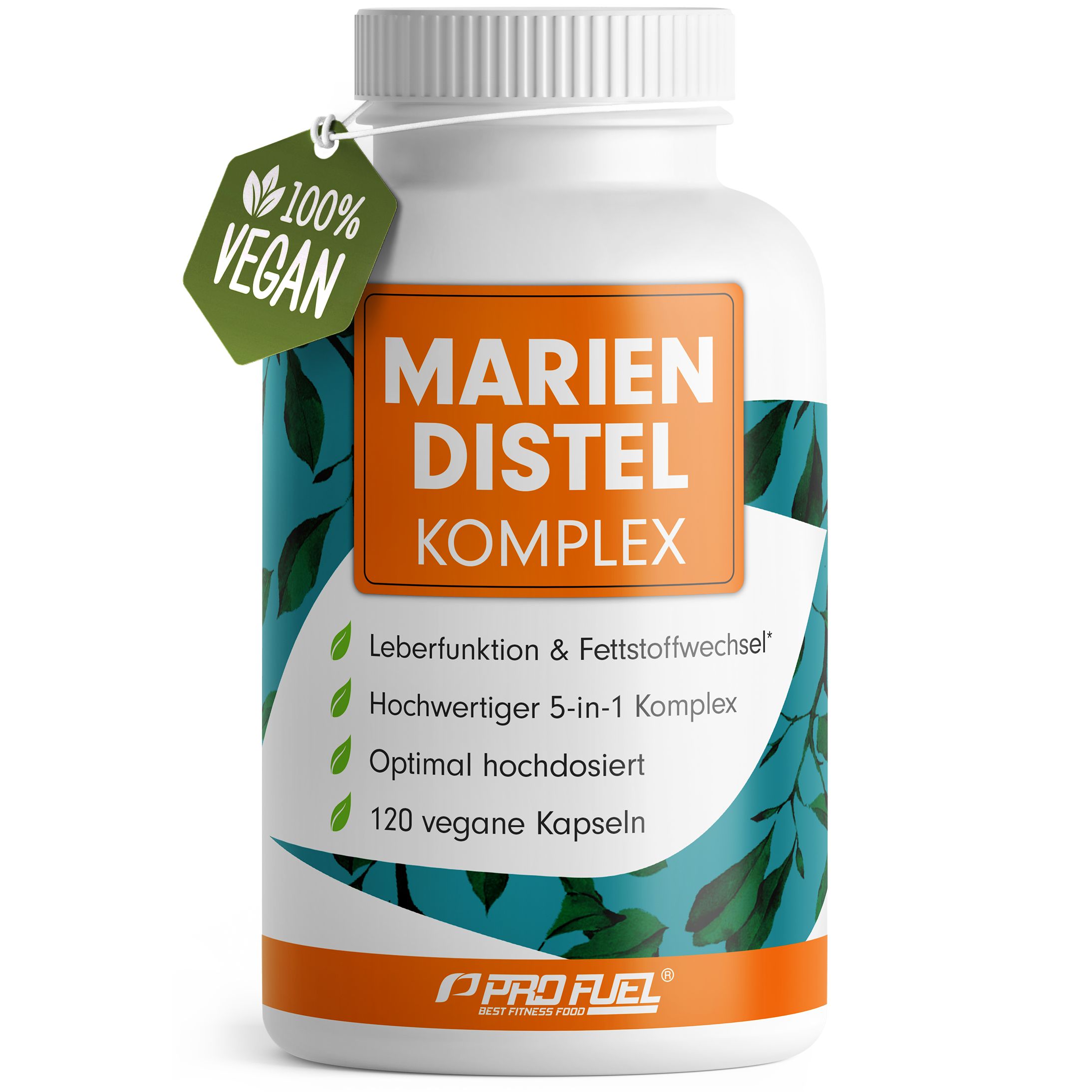 Weiße Flasche mit Kapseln. Mariendistel Komplex. 120 vegane Kapseln. 100% vegan. Grünes Etikett. Aufschrift: Mariendistel Komplex.