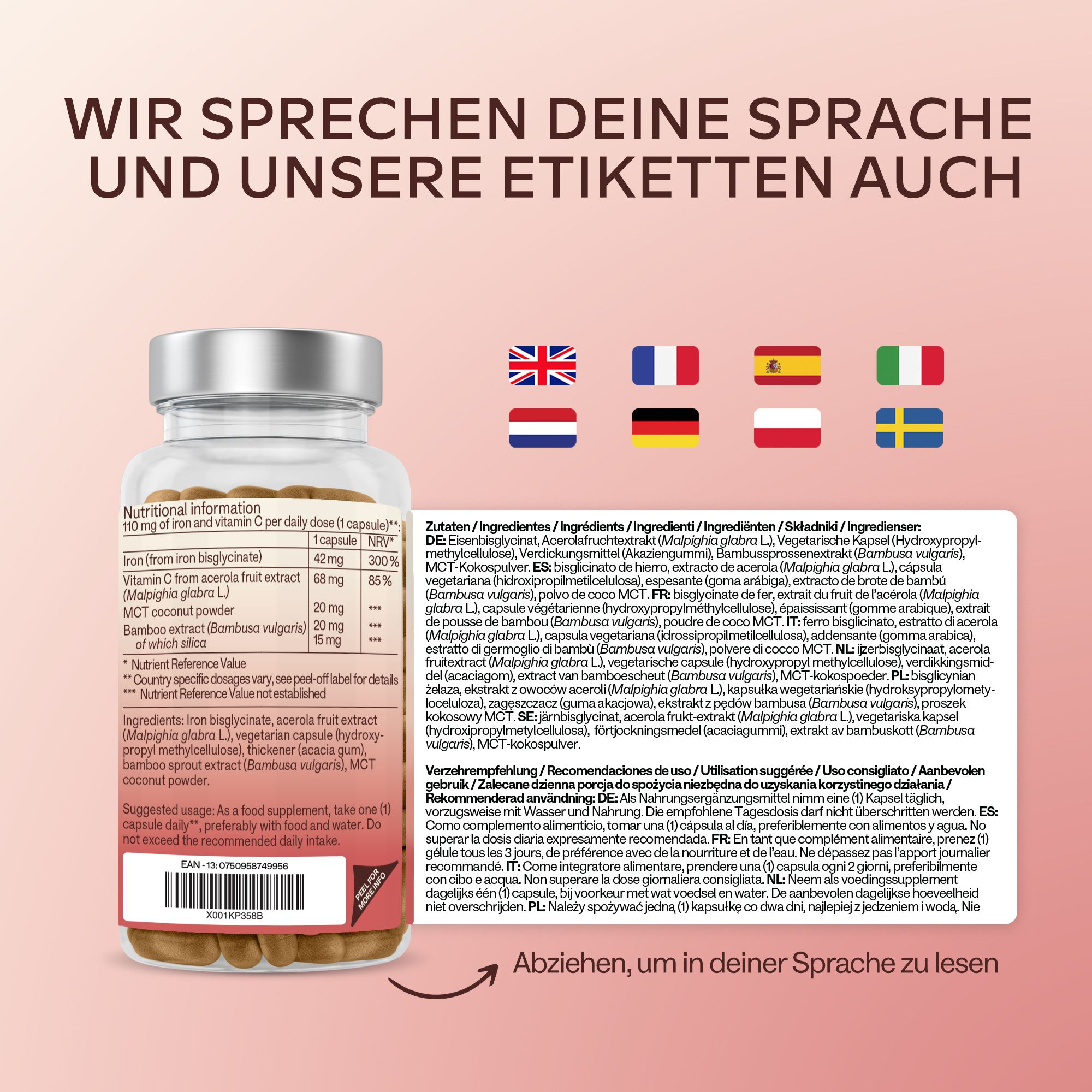 Text auf weißem Hintergrund. Enthält Nährwertangaben. Text: Eisenbisglycinat, Vitamin C, MCT-Kokosnusspulver.
