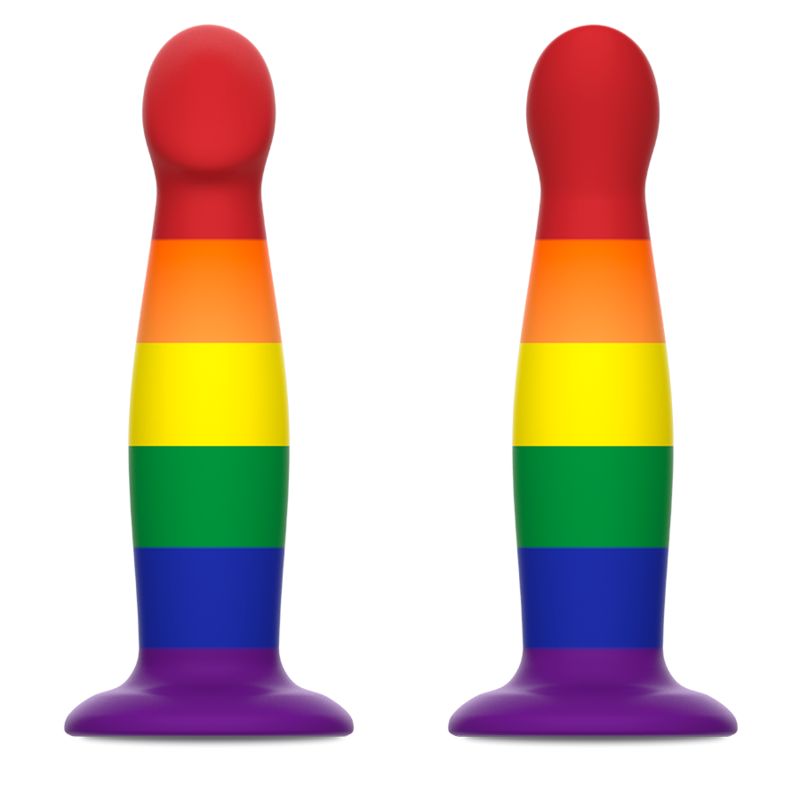 Zwei Regenbogenfarbene Dildos nebeneinander.