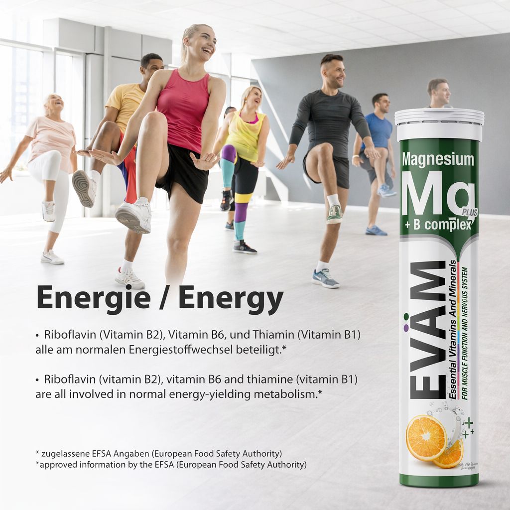 Gruppe von Menschen beim Training. Daneben eine Tube EVÄM Magnesium + B Complex. Text: Energie. Orangen-Abbildung.