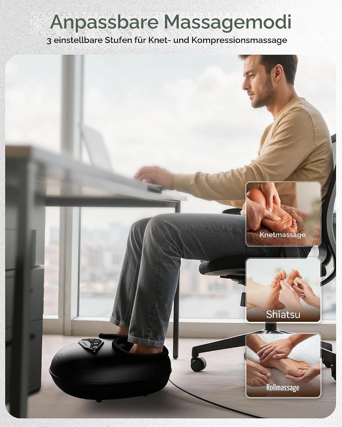 Fußmassagegerät mit anpassbaren Massagemodi: Kneten, Shiatsu, Rollmassage, 3 Intensitätsstufen.