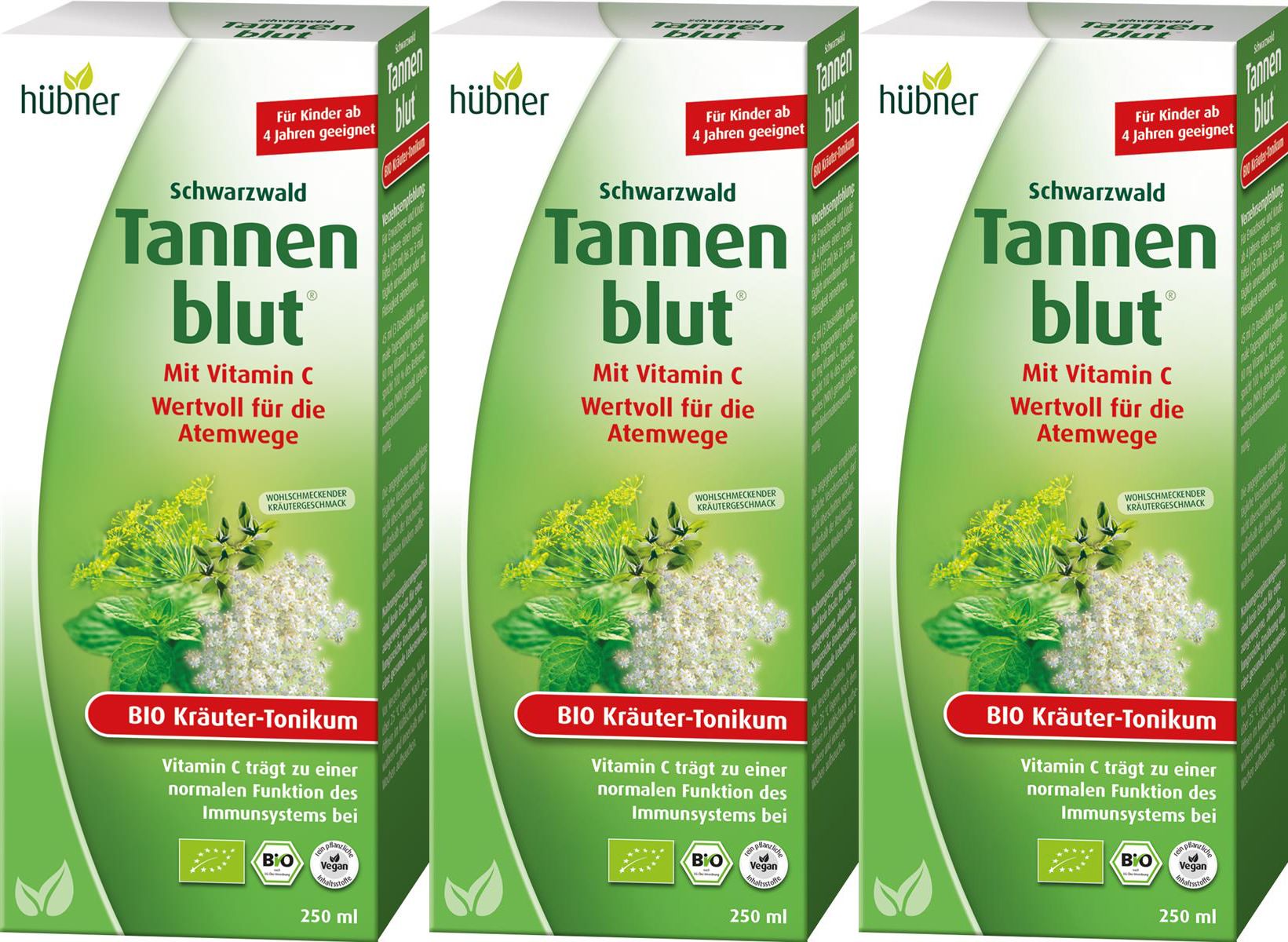 Drei Packungen Hübner Tannenblut BIO Kräuter-Tonikum. Grüne Verpackung mit Produktnamen, Inhaltsangaben und Bio-Siegel.