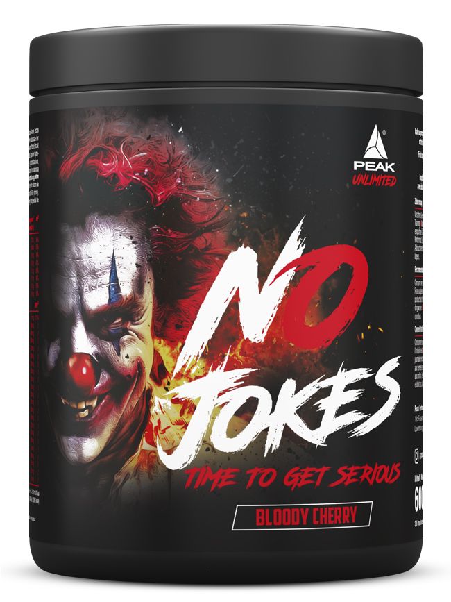 Schwarze Dose mit Aufdruck. "NO JOKES" und Clown-Gesicht. "PEAK" Logo. Text: "TIME TO GET SERIOUS" und "BLOODY CHERRY".