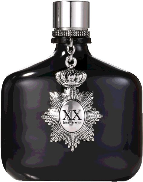 Schwarzer Flakon mit silberfarbenem Verschluss und Anhänger. Silbernes Emblem mit "XX" und Schriftzug. Flakonform: quadratisch mit abgerundeten Ecken.