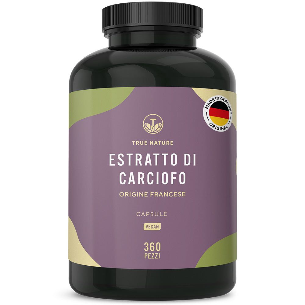 Flacone scuro con capsule. Scritta: Estratto di carciofo, origine francese, capsule, 360 pezzi. Made in Germany.