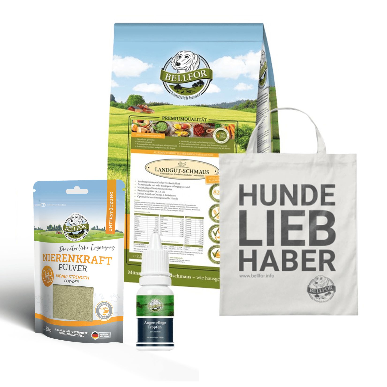 Set mit Futterbeutel, Futterbeutel, Augentropfen und Nierenkraft Pulver. Alle Produkte mit Logo.