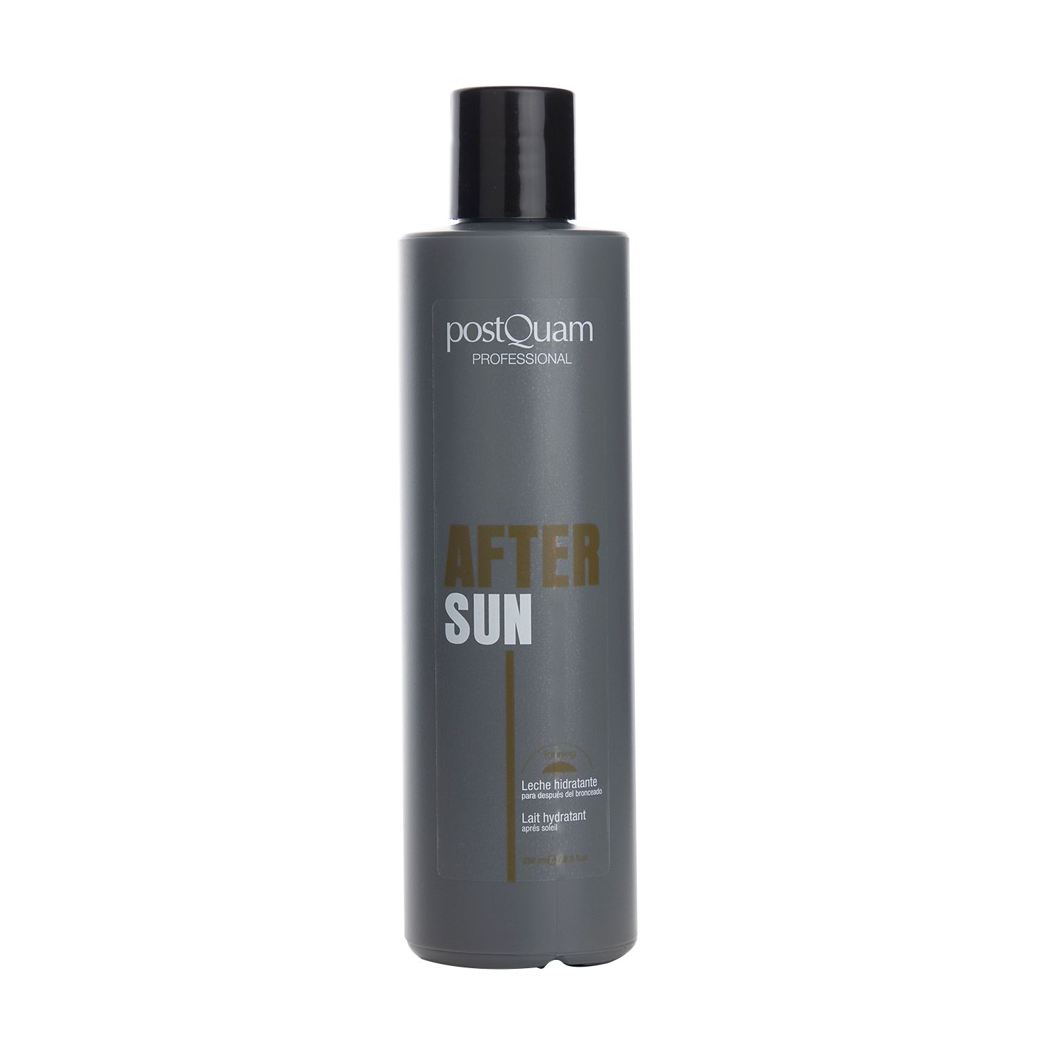 Graue Flasche mit schwarzem Deckel. Aufschrift "POSTQUAM PROFESSIONAL AFTER SUN". Text darunter: "Lait hydratant".