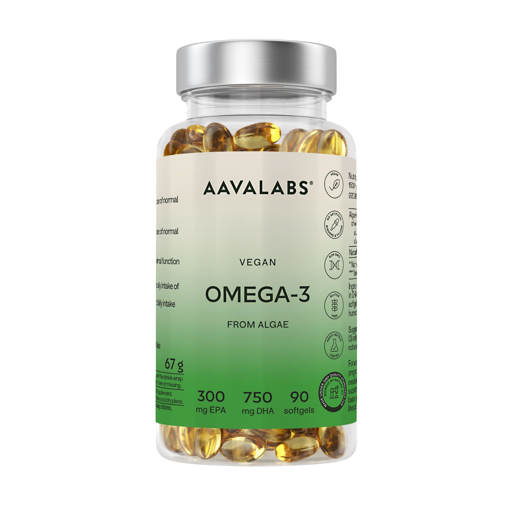 Klare Kapseln in einer transparenten Flasche. Aufschrift: Vegan Omega-3. 300 mg EPA, 750 mg DHA. Flasche mit Schraubverschluss.