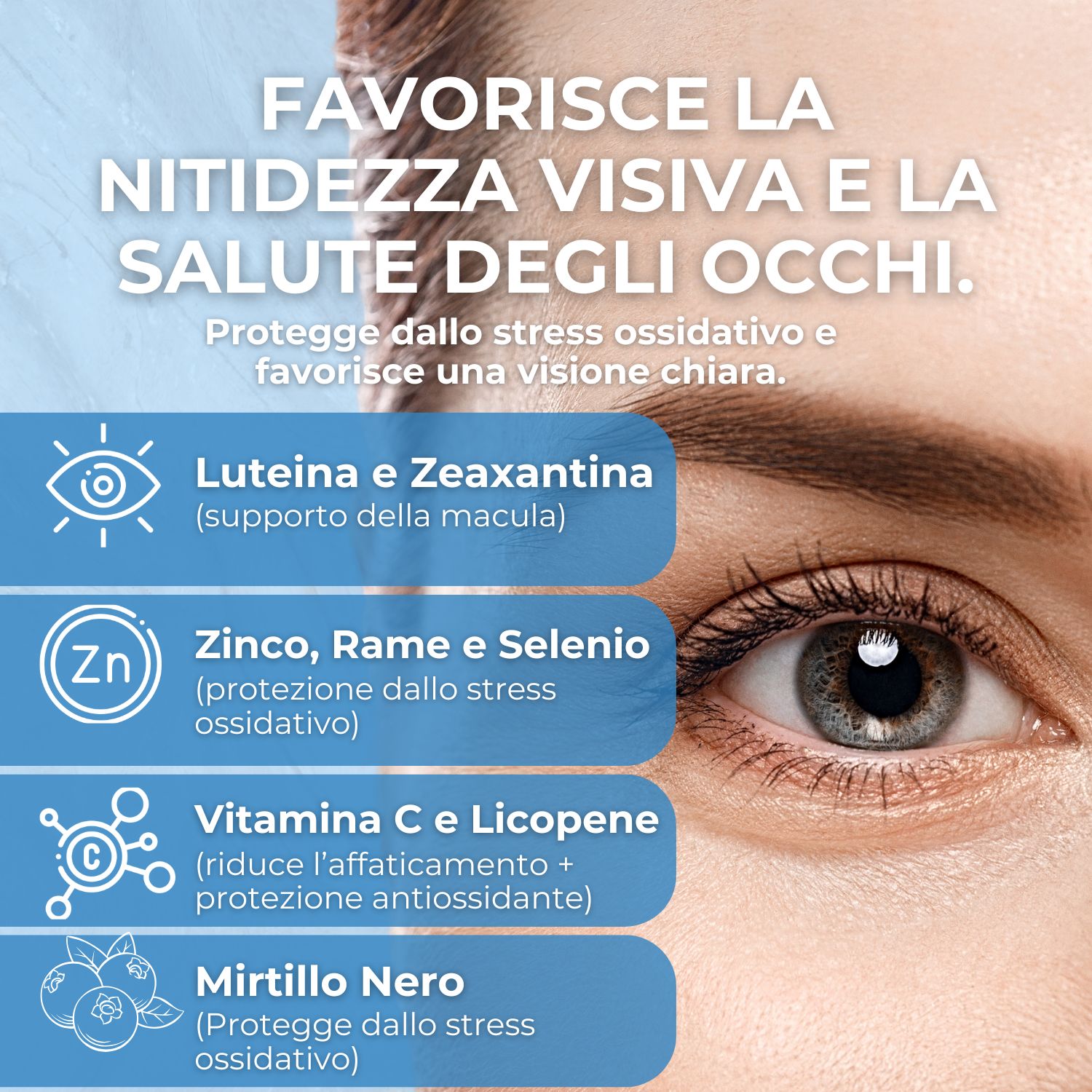 Occhio con scritte: Luteina, Zinco, Vitamina C, Mirtillo. Infografica blu.