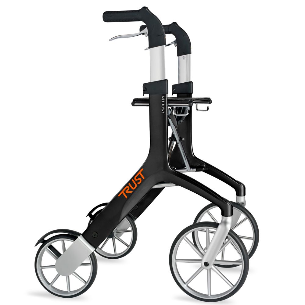 Schwarzer Rollator mit vier Rädern, silbernen Akzenten und dem Schriftzug "TRUST".