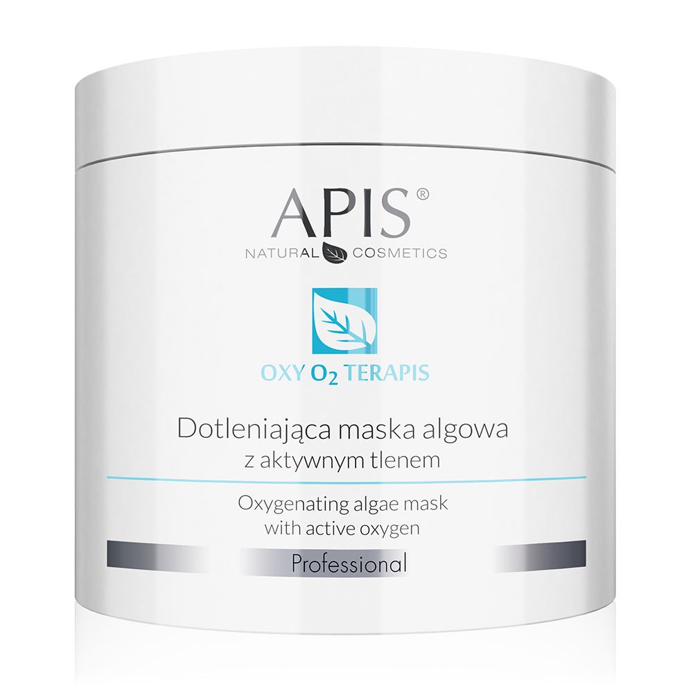 Weißer Tiegel mit APIS-Logo und Produktbezeichnung OXY O2 TERAPIS. Text: Oxygenating algae mask with active oxygen.
