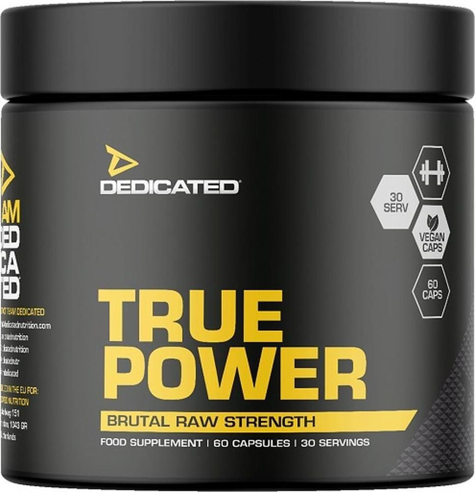 Schwarze Dose mit gelbem Aufdruck. Text: DEDICATED TRUE POWER, 60 Kapseln, 30 Portionen. Vegan Caps.