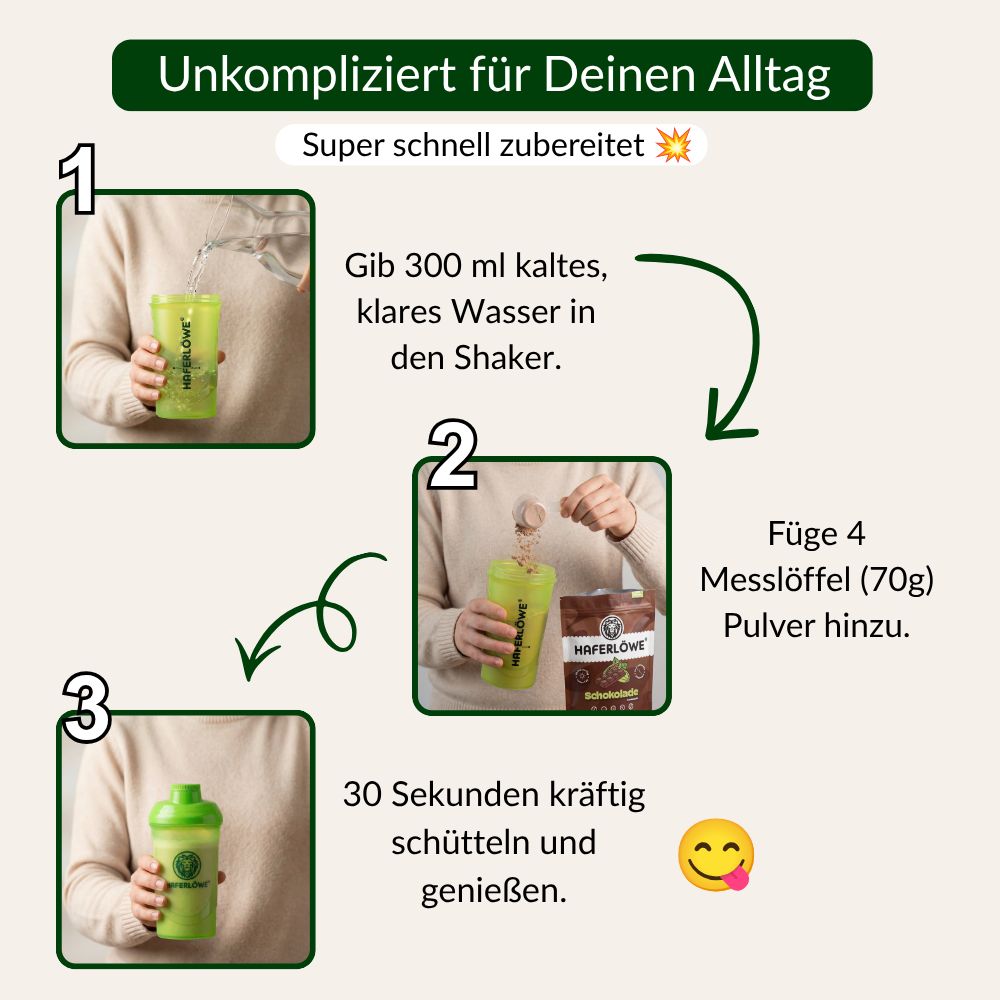 Zubereitung HAFERLÖWE DIA2®-Shake: Wasser in Shaker, Pulver hinzufügen, schütteln.