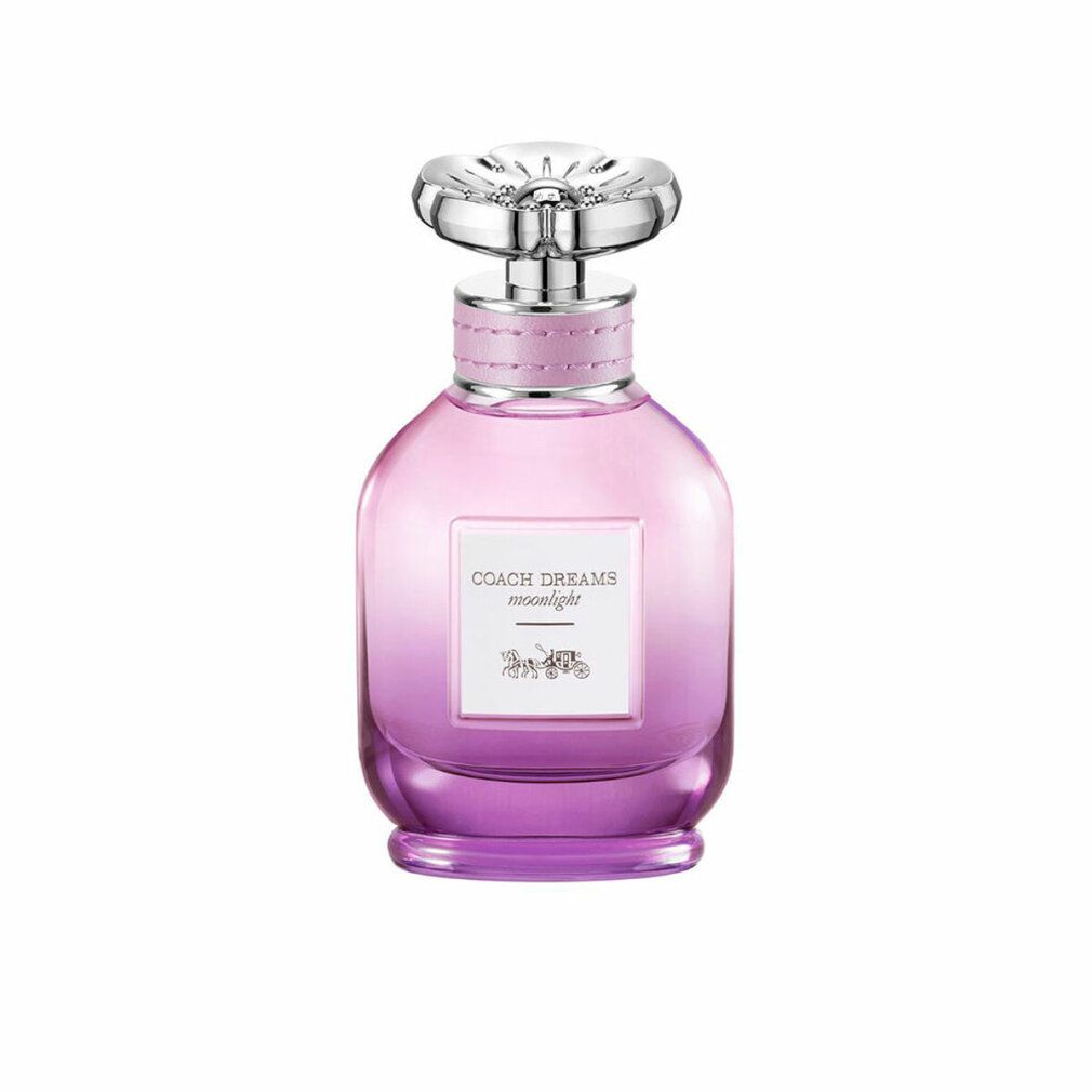 Coach Dreams Moonlight Flakon. Flakon mit silbernem Verschluss, rosa-lila Farbverlauf. Aufschrift auf dem Etikett.