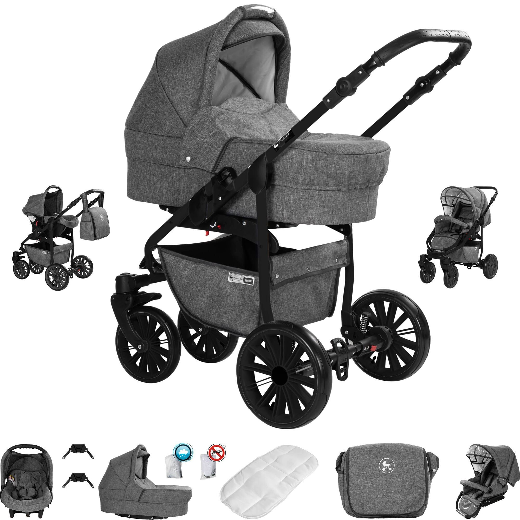 Friedrich Hugo Berlin 3 in 1 Kinderwagen Set GEL Reifen, Grey and Grey Night