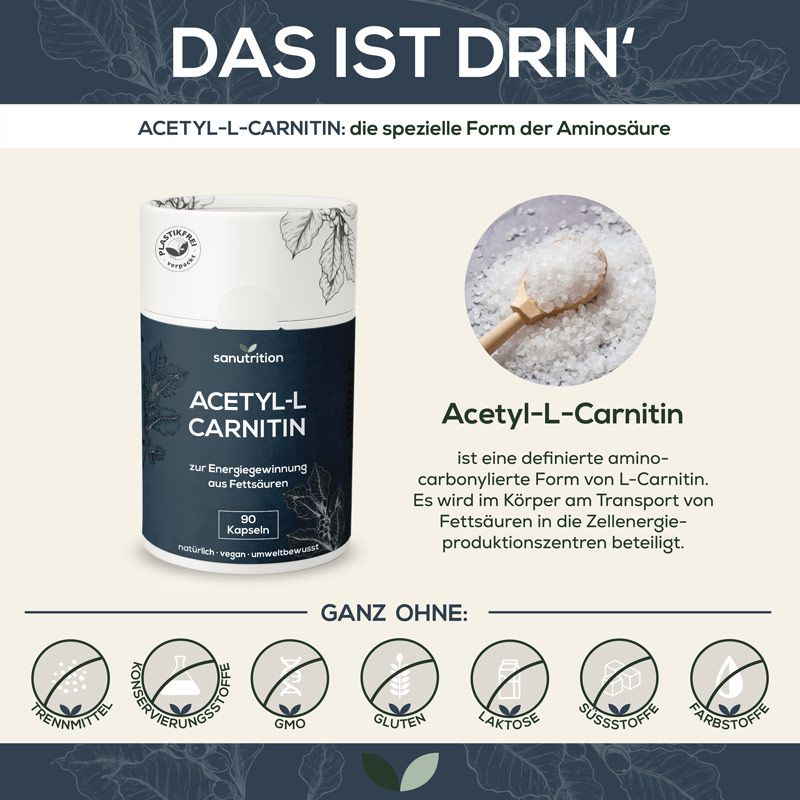 Infografik mit Sanutrition Acetyl-L-Carnitin. Enthält Informationen über Inhaltsstoffe und Vorteile. 90 Kapseln. Vegan, umweltbewusst.