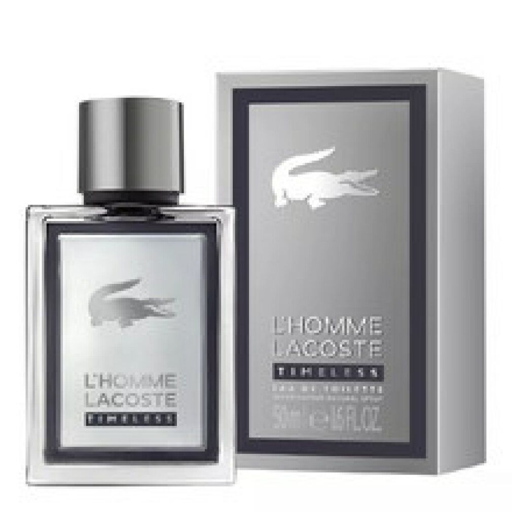 Flakon und Verpackung von L'Homme Lacoste. Silberfarbenes Design mit Krokodil-Logo. Text: L'Homme Lacoste Timeless.