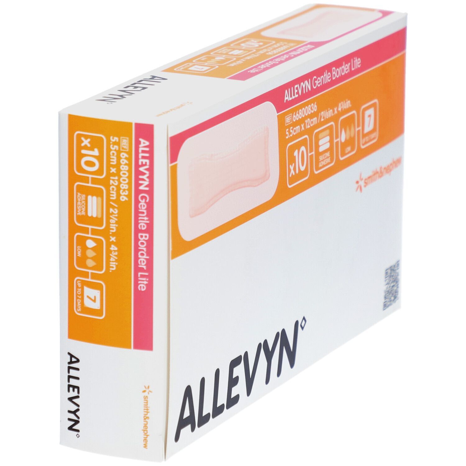 ALLEVYN Gentle Border Lite-Verpackung. Zeigt 10 Verbände, Größe 5,5 x 12 cm. Mit Produktnamen, Marke und Größenangaben.