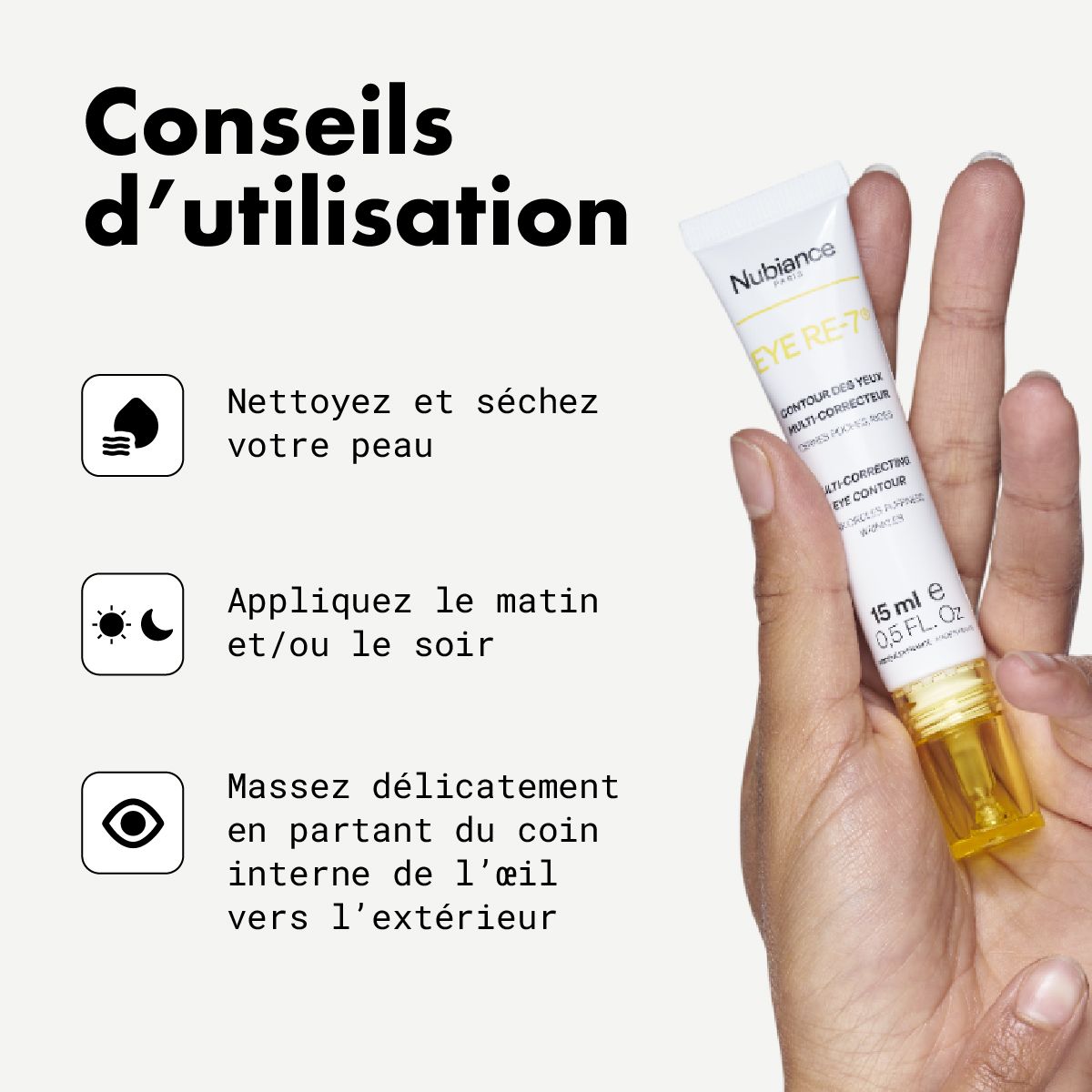 Anwendungshinweise. Aufschrift: EYE RE-7, 15 ml. Symbole: Reinigen, morgens/abends auftragen, sanft einmassieren.