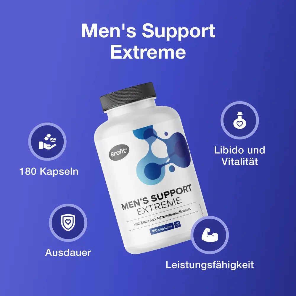 Flasche Men's Support Extreme mit Icons: 180 Kapseln, Ausdauer, Libido und Vitalität, Leistungsfähigkeit.